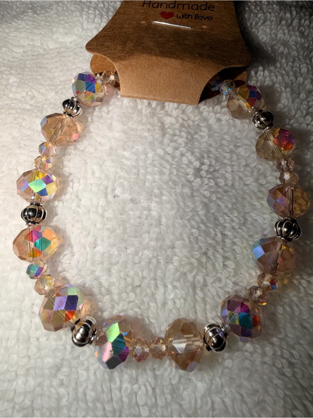 Handmade Crystal Necklace in Pink-Gold Iridescent with Silver Accents